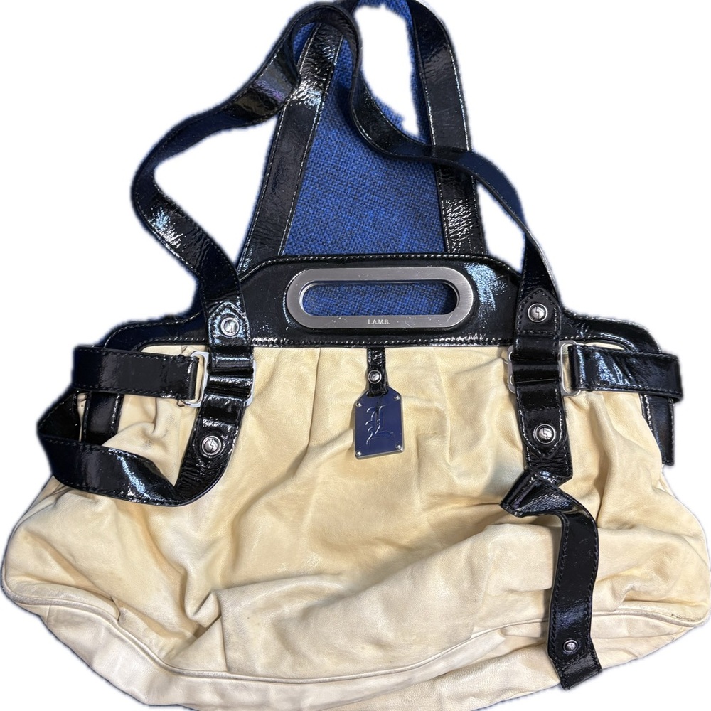 L.A.M.B. Cream Leather Tote with Black Patent Trim and Blue Interior